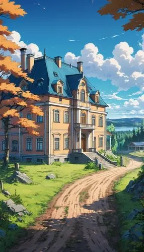 country estate,sylvania,country house,butka,maplecroft,home landscape,ghibli,autumn scenery,dreamhouse,country hotel,violet evergarden,house in the mountains,forest house,one autumn afternoon,summer cottage,house in the forest,landscape background,house in mountains,lonely house,studio ghibli,Illustration,Japanese style,Japanese Style 03