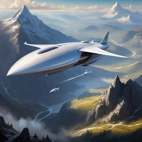 supersonic transport,spaceplane,supersonic aircraft,starship,airship,airships,concorde,boeing x-45,futuristic landscape,delta-wing,chrysler concorde,air ship,general atomics,space ship,lockheed martin,experimental aircraft,northrop grumman,ufo intercept,silver arrow,mountain vesper,Conceptual Art,Fantasy,Fantasy 17