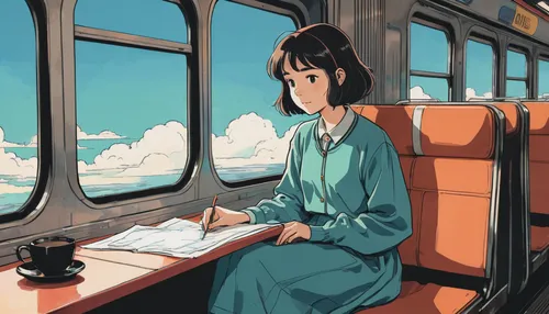 train ride,the girl at the station,train compartment,last train,in transit,train of thought,train,commute,commuter,sky train,window seat,travel woman,early train,commuting,train way,girl studying,studio ghibli,cablecar,railway carriage,study,Illustration,Japanese style,Japanese Style 06