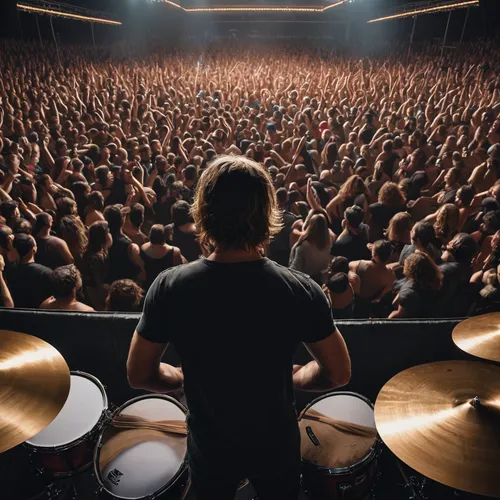 View of Mosh Pit from behind drums
,concert crowd,drumming,ride cymbal,remo ux drum head,keith-albee theatre,tom-tom drum,drumhead,cymbals,hi-hat,zurich shredded,hand drums,cymbal,kettledrums,kettledr