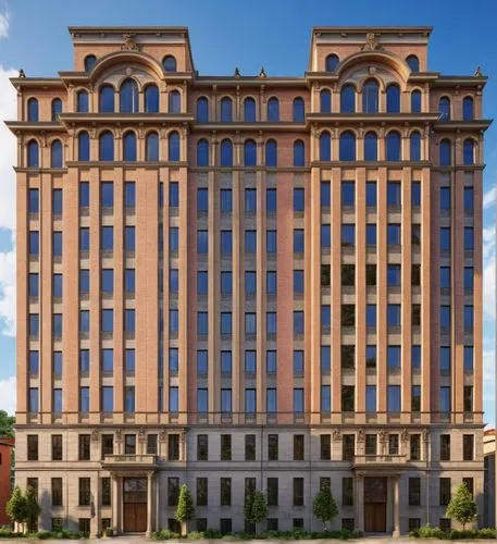 a large brick building with arched windows,kempinski,slu,kimpton,renaissance tower,takashimaya,westinghouse,Photography,General,Realistic