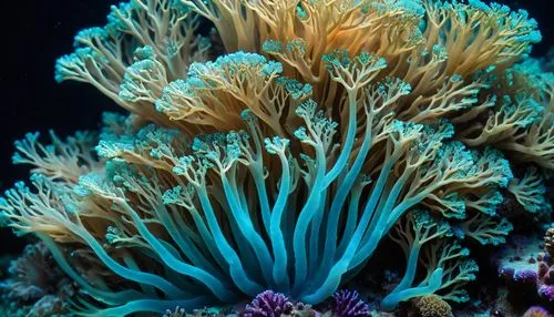 macrophotograph, beautiful bioluminescent blue glow quantum  sea coral polyp on the reef, natural lighting, light-focused, amateur shot,bubblegum coral,feather coral,ramaria,blue chrysanthemum,coral f