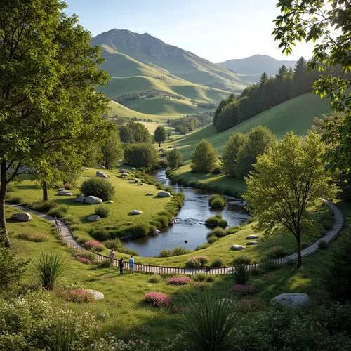 Harmonious landscape integration, rolling hills, lush greenery, meandering pathways, natural stone walls, wooden fences, vibrant wildflowers, serene water features, rippling streams, majestic trees, s