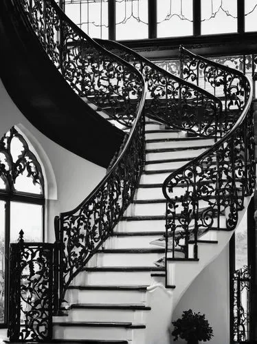 Cast iron, architectural element, ornate details, Victorian-era inspired, intricate patterns, grand staircase, luxurious mansion, English countryside, overcast sky, warm afternoon light, rich brown co