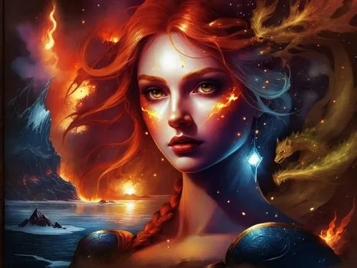 ice and fire,a woman standing in the ocean under a red sun,melisandre,fireheart,fire background,triss,fire and water,fire siren,Illustration,Realistic Fantasy,Realistic Fantasy 25