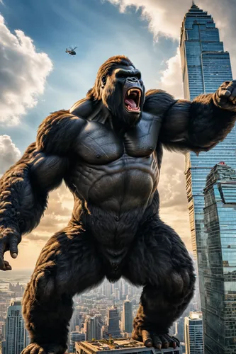 Giant Kingkong climb tall building, angry, wide open mouth, helicopters, Hd HDR 8k,king kong,kong,gorilla,silverback,gorilla soldier,ape,great apes,chimpanzee,war monkey,digital compositing,incredible