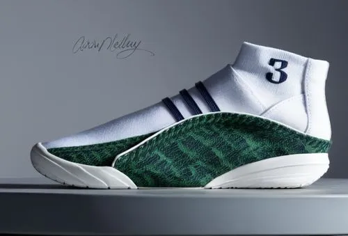 Battle knit upper and pebbled leather sneaker, sock collar with "3" logo, leather "wing" design on lateral view. All white with navy and green  accent color scheme ,Sock sneaker court shoe green,lepre