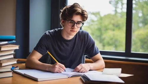 Studious young adult, 20-25yo, male/female, architectural student, messy brown hair, black-rimmed glasses, casual wear, jeans, white T-shirt, backpack, books, pencils, ruler, calculator, desk lamp, mo