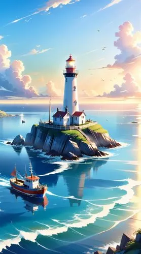 a fishing ship moves toward the lighthouse in the distance,the boat is sailing near the lighthouse,lighthouses,lighthouse,ocean background,electric lighthouse,light house,sea landscape,Anime,Anime,Rea