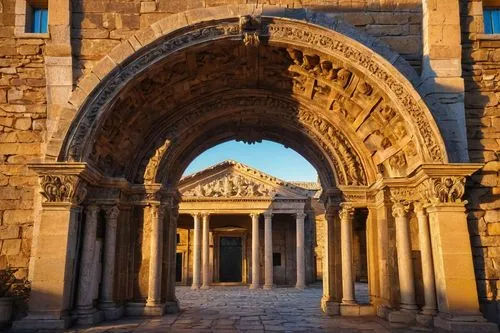 Ancient Roman keystone arch, grandiose, ornate carvings, weathered stone, aged patina, dramatic backlight, warm golden hour lighting, historical landmark, intricate details, rusticated stones, symmetr