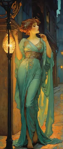 mucha,gas lamp,art nouveau,alfons mucha,absinthe,girl in a long dress,transistor,lamplighter,night scene,masquerade,art nouveau design,asher durand,merida,fire-eater,lady of the night,in the evening,fantasia,woman playing violin,art deco woman,sleepwalker,Illustration,Retro,Retro 03