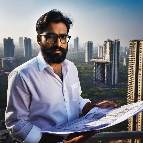 Modern Indian architect, male, 30s, beard, glasses, black hair, white shirt, dark trousers, holding blueprints, standing, construction site, Mumbai, skyscraper, contemporary architecture, steel and gl