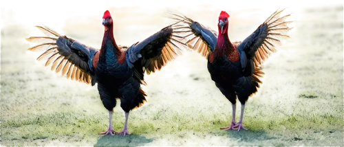 Brown turkeys, feathers fluffed, bright red heads, iridescent sheen, beaks open, wings spread wide, standing on grass, farm background, afternoon sunlight, warm color tone, shallow depth of field, 3/4