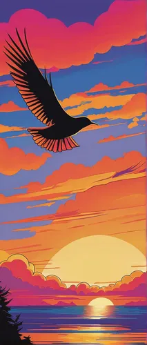 eagle illustration,bird illustration,bird painting,bird in the sky,coast sunset,black hawk sunrise,coastal bird,phoenix,eagle silhouette,crows,sunset,bird kingdom,night bird,firebird,sun wing,crows bird,digital painting,nocturnal bird,bird flight,sunrise in the skies,Illustration,American Style,American Style 05