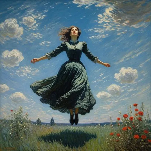 flying dandelions,leap for joy,little girl in wind,flying girl,girl lying on the grass,girl in the garden,flying seed,falling flowers,flying seeds,ecstatic,woman playing,leaping,girl in flowers,leap,ascension,suitcase in field,flying,la violetta,levitation,levitating,Art,Artistic Painting,Artistic Painting 04