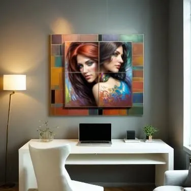 Weiß Rahmen um das Bild, Im luxury Wohnzimmer an der weißen Wand  und auf dem Schreibtisch stehen neben dem Fernseher,flat panel display,oil painting on canvas,art painting,boho art,photo painting,mod