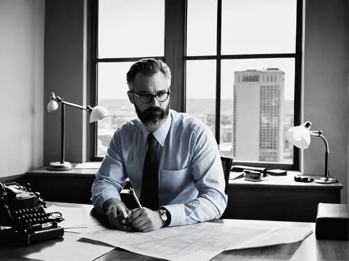 Modern desk, ergonomic chair, architect, designer, male, mature, glasses, beard, blue shirt, rolled-up sleeves, pencil, ruler, protractor, graph paper, architectural model, building design, cityscape,