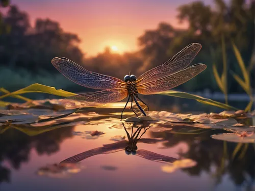 A dragonfly gracefully glides over a serene pond, reflecting the vibrant colors of the setting sun.,dragonfly,spring dragonfly,firefly,dragonflies,dragonflies and damseflies,dragon-fly,glass wings,dam