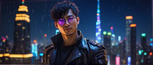 cyberpunk,yukio,3d man,tracer,dusk background,anime 3d,monsoon banner,cinematic,3d render,ken,cyber glasses,city ​​portrait,3d rendered,hong,cg artwork,valerian,neon light,shanghai,ren,spy visual,Art,Artistic Painting,Artistic Painting 32