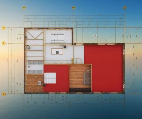 an architectural drawing shows a red and white building,shipping container,shipping containers,prefabricated buildings,houseboat,cubic house,floating huts,Photography,General,Realistic