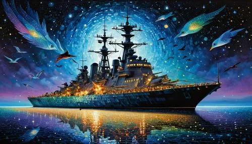 (("warship")). Night stars. This transformation is captured in high-definition. Surrounding iridescent bodies are scattered in the center, depicting surreal landscapes where dreams intersect a testame