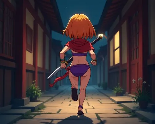 an anime character with a sword walks along a street,kunoichi,swordswoman,asuka,komachi,lina,kagura