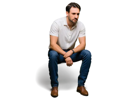 Mature man, sorrowful expression, solo, (30s), short black hair, stubble beard, brown eyes, tears in eyes, simple white shirt, dark jeans, sitting on floor, leaning against wall, dim lighting, shallow