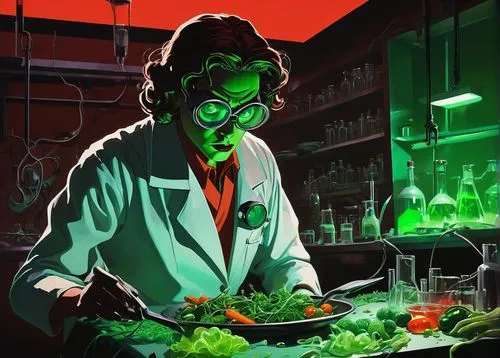 riddler,maraschino,scientist,laboratory,biologist,absinthe,jalapenos,wasabi,nepeta,microbiologist,poisonous,cutting vegetables,appetite,chemical laboratory,chemist,e-coli hazard,dr,pesticide,green paprika,crudités,Illustration,American Style,American Style 09