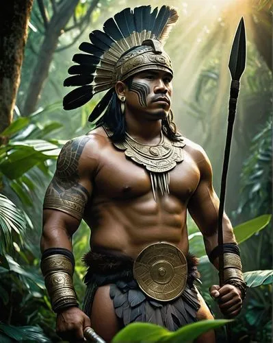 Olmec warrior, muscular male, strong facial features, feathered headdress, intricate tattoos on arms and chest, gold jewelry, loincloth, sandals, holding a spear, standing in a jungle clearing, surrou