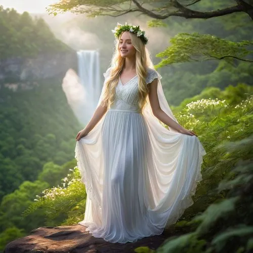 celtic woman,bridal veil fall,galadriel,bridalveil,faerie,girl in a long dress,enchanting,fantasy picture,faery,sun bride,romantic portrait,beauty in nature,kupala,bridal dress,blonde in wedding dress,fairy queen,mystical portrait of a girl,ballerina in the woods,fairytale,wedding dress,Illustration,Paper based,Paper Based 06