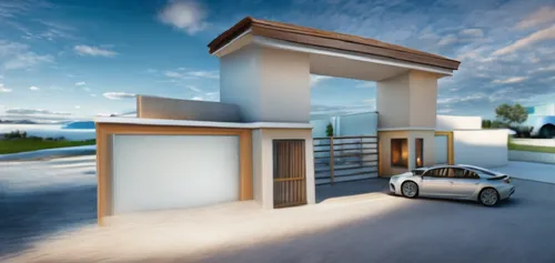 Un leve movimiento que muestre que muestre arquitectonicamente la fachada ,the new car is parked in the driveway,carports,3d rendering,garages,homebuilding,prefabricated buildings,carport