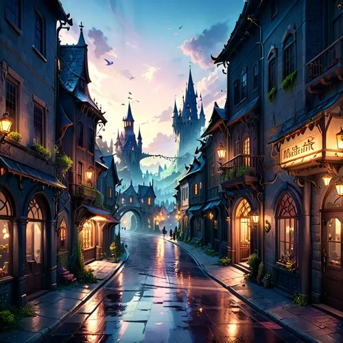 a rainy city street filled with shops and a person walking through the rain,fantasyland,fantasy city,shanghai disney,3d fantasy,disneyfied,fantasy world,disneyland park,eurodisney,townscapes,theed,med