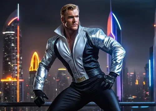 Flash Gordon, muscular man, 2024 futuristic costume, shiny silver jacket, white shirt, black pants, boots, confident pose, standing, cityscape, skyscraper, neon lights, rainy night, foggy atmosphere, 