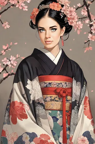 geisha girl,geisha,kimono,japanese floral background,mukimono,plum blossoms,japanese art,hanbok,japanese cherry,kimono fabric,japanese woman,floral japanese,japanese sakura background,japanese culture,japanese cherry blossom,japanese style,cherry blossom japanese,oriental painting,japanese cherry blossoms,japanese background,Digital Art,Comic