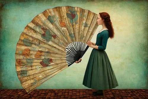 parasol,parasols,decorative fan,hand fan,color fan,girl with a wheel,summer umbrella,umbrella,girl in a long dress,japanese umbrella,little girl with umbrella,flamenco,fairy peacock,little girl in wind,fan,the wind from the sea,asian umbrella,wind machine,umbrellas,vintage woman,Illustration,Realistic Fantasy,Realistic Fantasy 35