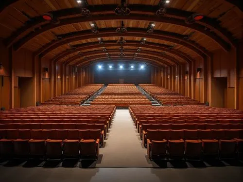 Auditorium interior, corrugated iron ceiling, modern architecture, curved lines, industrial feel, warm lighting, wooden seats, row arrangement, central aisle, carpeted floor, acoustic panels, spotligh