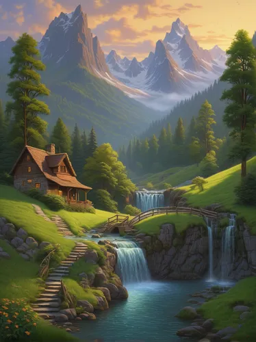 landscape background,mountain scene,mountain landscape,fantasy landscape,mountainous landscape,home landscape,salt meadow landscape,mountain settlement,nature landscape,mountain village,beautiful landscape,rural landscape,alpine village,house in mountains,mountain valley,mountain pasture,mountain spring,fantasy picture,meadow landscape,landscape mountains alps,Illustration,Realistic Fantasy,Realistic Fantasy 27