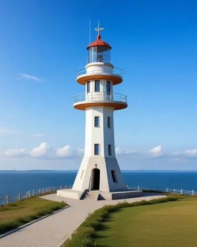 lighthouse-observation tower in the form of an anchor,the large white lighthouse is on the edge of the grassy area,rubjerg knude lighthouse,electric lighthouse,point lighthouse torch,petit minou light