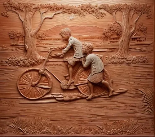  terracotta bas relief,
,two children riding bicycles on a wooden plaque,woodcarving,wood carving,wood art,woodburning,wooden motorcycle,carved wood,Common,Common,Natural