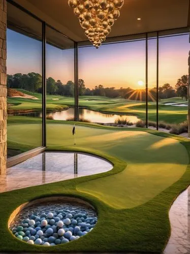 Golf course, modern architecture, luxurious clubhouse, grand entrance, marble floor, high ceiling, chandelier, golf ball, clubs, green grass, rolling hills, scenic lake, reflection, sunset time, warm 