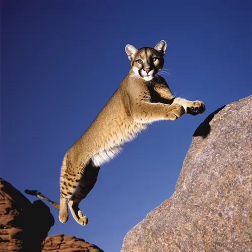 Puma jumping from a rock, Utah USA,mountain lion,great puma,geometrical cougar,suricata suricatta,felidae,wild cat,south american gray fox,cougar,black-footed ferret,ring-tailed,kit fox,puma,rock clim