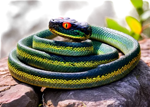 Colorful snake, multiple species, entwined bodies, scaly texture, shiny skin, forked tongues, beady eyes, coiled posture, resting on rocks, warm sunlight filtering through leaves, soft focus, cinemati