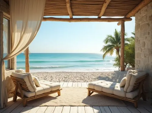 beach furniture,dream beach,beachfront,beach house,oceanfront,deckchair,beach hut,cabana,beach chair,beach resort,beachhouse,beach scenery,tropical beach,seclude,beach view,beach landscape,beautiful beach,beach chairs,cabanas,white sandy beach,Photography,General,Realistic