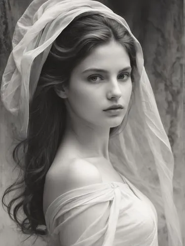 Black and white photo portrait of a lady, close up.,a beautiful young woman with a veil on her head,bridal,bride,bridal dress,wedding dress,the bride,indian bride,Photography,Black and white photograp