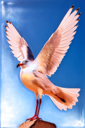 Seagull, white and grey feathers, wings spread wide, beak open, eyes looking upwards, standing on one leg, coastal environment, morning sunlight, shallow focus, warm color tone, cinematic composition,