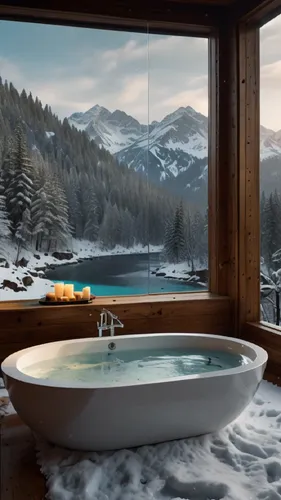 The water is flowing naturally,a bathroom with a large window showing mountains and a tub,luxury bathroom,bagno,bathtub,jacuzzi,arosa,tub