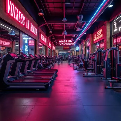 Vibrant fitness club interior, bold dynamic colors, energetic neon lights, motivational quotes, modern equipment, sleek metal frames, rubber flooring, mirrored walls, natural wood accents, high ceilin