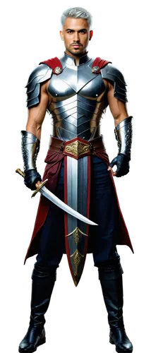 Gilhari, fantasy warrior, muscular man, solo, (30yo), fierce gaze, sharp facial features, short silver hair, golden earrings, intricate armor, leather gloves, broadsword, shield, heroic pose, standing