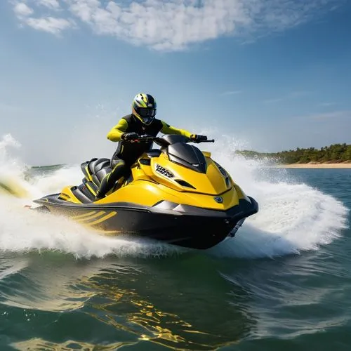 (High quality picture), ((HD clarity)), (Sunlight) A beautifully decorated yellow Jet ski for racing is running in the sea during the day.,powerboating,jetski,jet ski,powerboats,marinemax,jetboat,wate