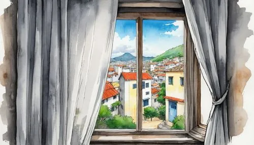 loose storyboard sketch with watercolour in a textured paped of a  window with a curtain full of little pin hole, Brazilian favela at the background,a picture out of a window with cityscape and mounta